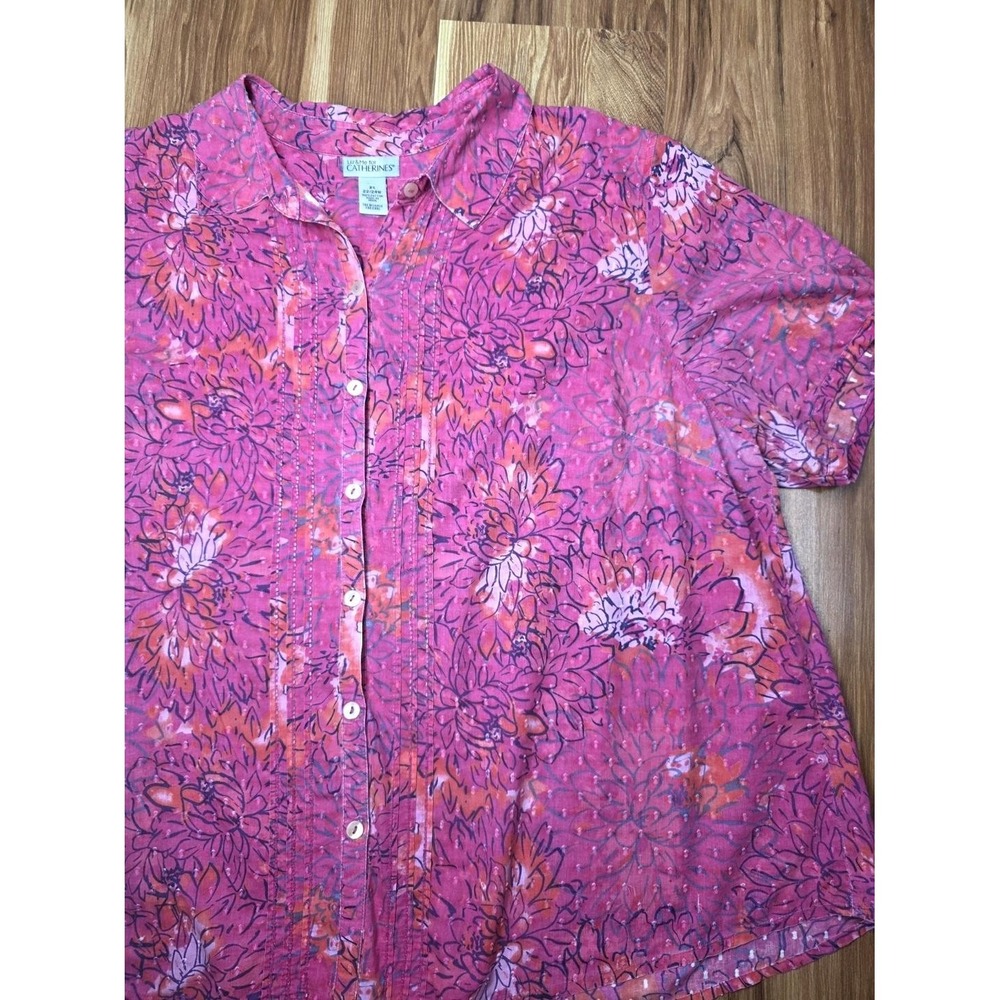 Catherines Shirt Womens 2X 22/24W Pink Floral Button Up Short‎ Sleeve Beaded Top